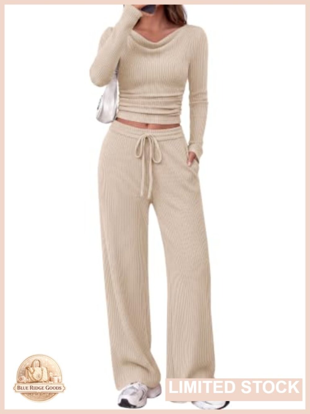 Ribbed 2 Piece Lounge Set Long Sleeve Cowl Neck Wide Leg Pants Matching Set